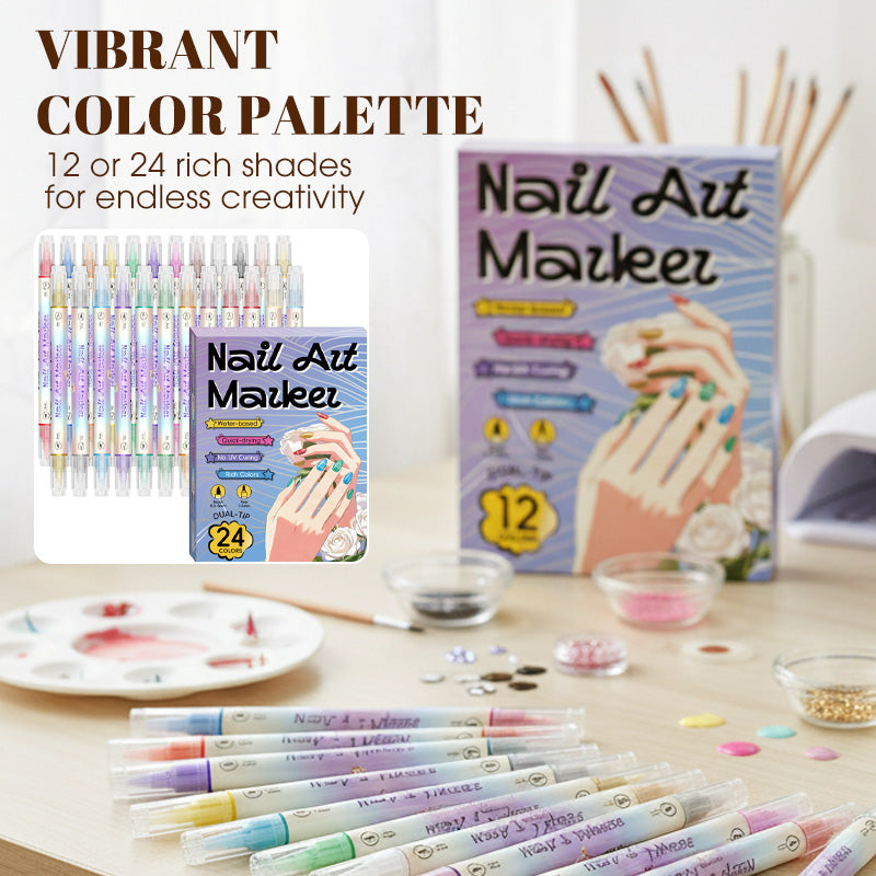 🎨Last Day Special Price:£ 10.99💞50K+ SOLD!✨Dual-Tip Nail Art Marker Pen Set Quick‑dry, no UV lamp. Fine & brush tips. 12/24 vibrant colors. Easy DIY at home. No smudges, just art! 💅🖌️