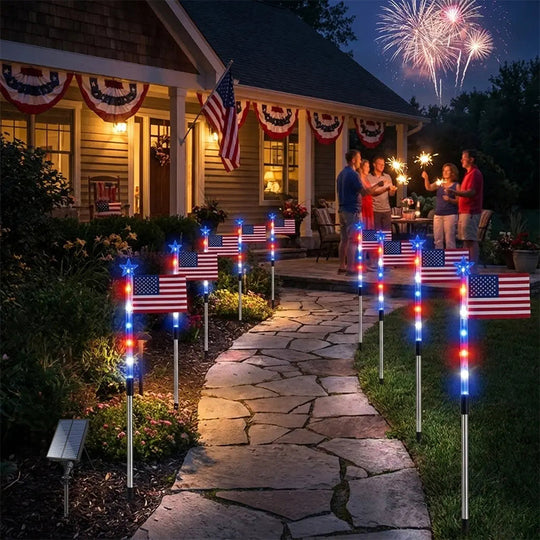 🔥8 Solar American Flag Pathway Lights – Red, White & Blue Yard Glow for 250th Independence Celebration 🇺🇸✨