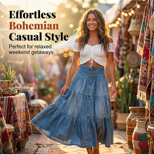 👗 LIMITED-TIME 50% OFF! ✨ Denim Maxi Skirt – High Waist, Tiered, A-Line, Button Front ✨