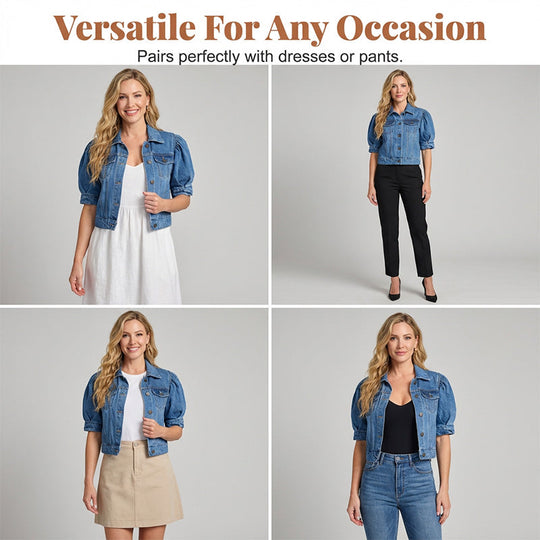 👖 LIMITED-TIME 50% OFF! ✨ Women's Cropped Denim Jacket – Puff Sleeve, 2 Colors, S-3XL 🌾