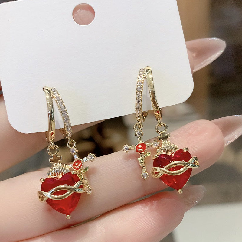 💍30% OFF! ✨ Red Heart & Cross Earrings – Vintage-Inspired, Dainty, Symbolic ✝️