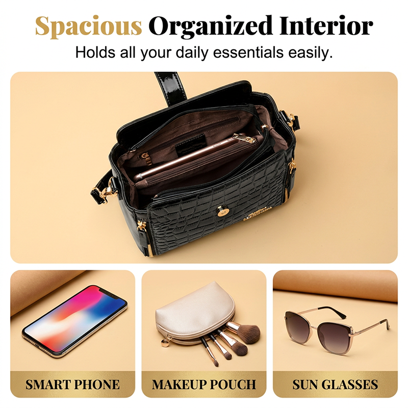 👜 50% OFF! ✨ Glossy Crocodile Pattern Women's Handbag – Structured, Gold Hardware, Spacious & Chic 💼