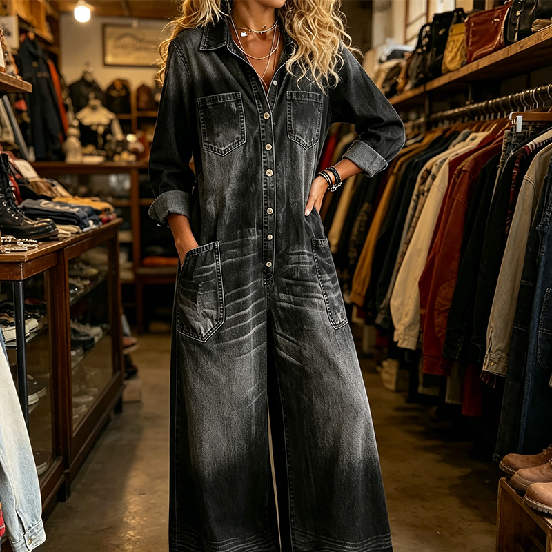 ✨ Timeless Denim Style | Women's Relaxed Wide-Leg Utility Jumpsuit