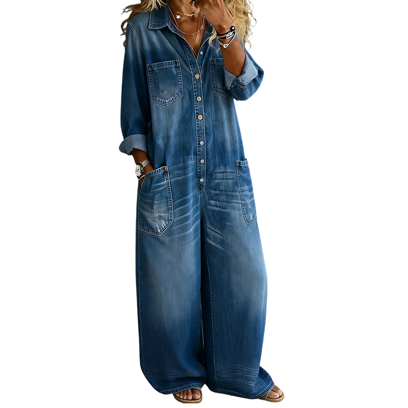 ✨ Timeless Denim Style | Women's Relaxed Wide-Leg Utility Jumpsuit