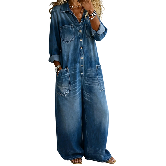 ✨ Timeless Denim Style | Women's Relaxed Wide-Leg Utility Jumpsuit