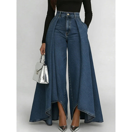 Women's High-Waist Wide-Leg Jeans with High-Low Hem