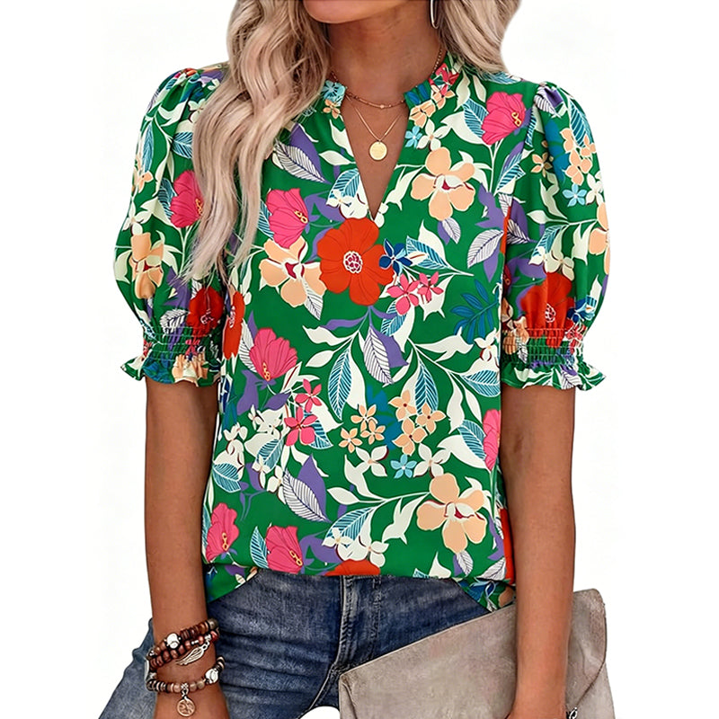 🌸 50% OFF NOW! 🌸Women's Boho V-Neck Puff Sleeve Blouse | Floral Print Dressy Casual Top for Office & Weekend Wear