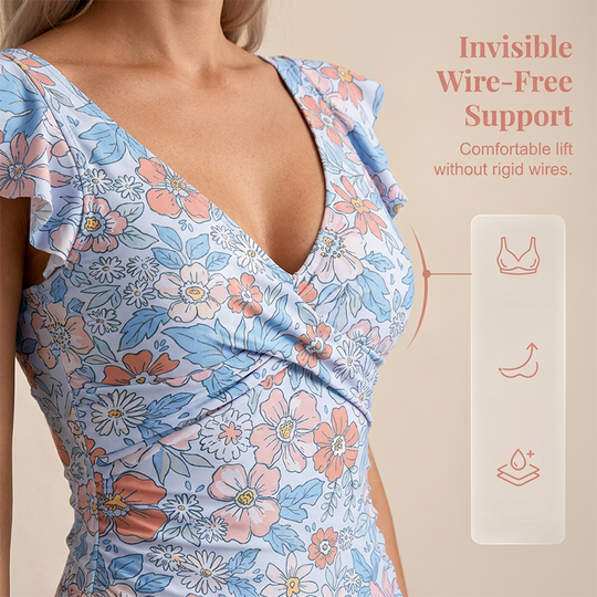 🔥50% OFF Half Price👗Women's Elegant V-Neck Tummy Control Swim Dress, Flowy One-Piece Bathing Suit for Beach Pool Vacation