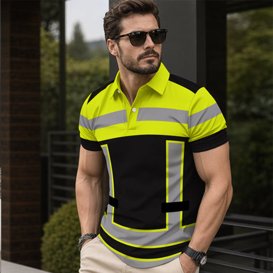 👕 Men's High Visibility Reflective Short Sleeve Shirt – Neon Blocks & Athletic Fit Cut ⏰