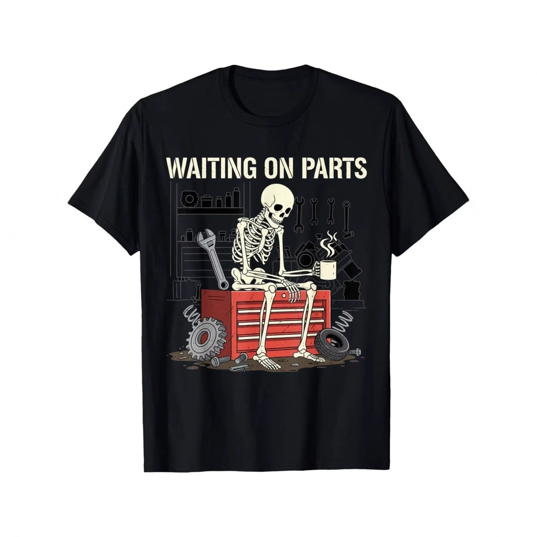 📢📢50% OFF !! ⏰Waiting On Parts Funny Skeleton Auto Mechanic Technician T-Shirt