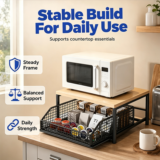 💥 50% OFF NOW! 🍳 2-Tier Microwave Stand with Slide-Out Drawer – Heavy-Duty, Space-Saving & Sturdy – Perfect for Kitchen, Office & Dorm Worktops 🏠✨