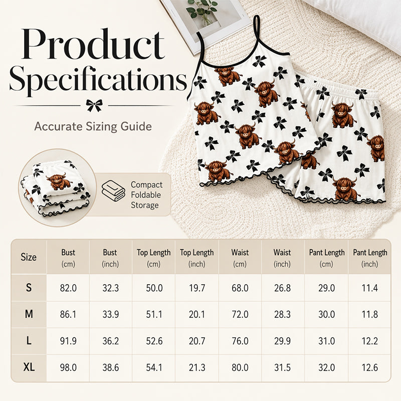 🎁2026 New Arrivals 50% OFF💥Summer Sleeveless Spaghetti Strap Cami Sleepwear Set – Highland Cow Print & Ruffle Trim 🐄
