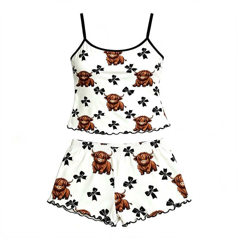 🎁2026 New Arrivals 50% OFF💥Summer Sleeveless Spaghetti Strap Cami Sleepwear Set – Highland Cow Print & Ruffle Trim 🐄