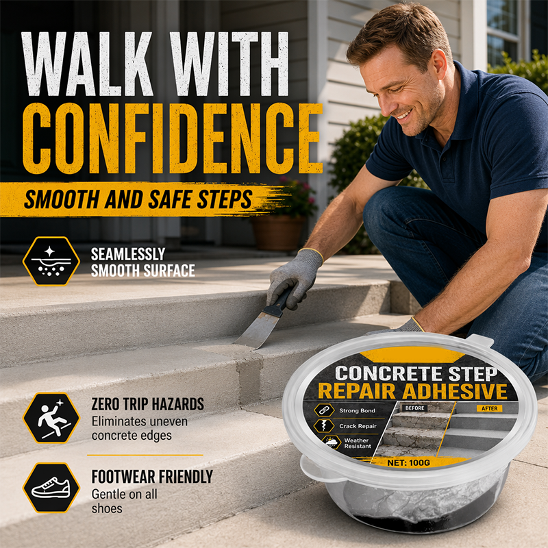 🥳2026 HOT SALE🥳💞50K+ SOLD!🔧🏠 30% OFF! Concrete Step Repair Adhesive – Permanently bonds cracked stairs & walkways. Weatherproof – resists heat, ice & rain. Walk safely again! 🛡️✨