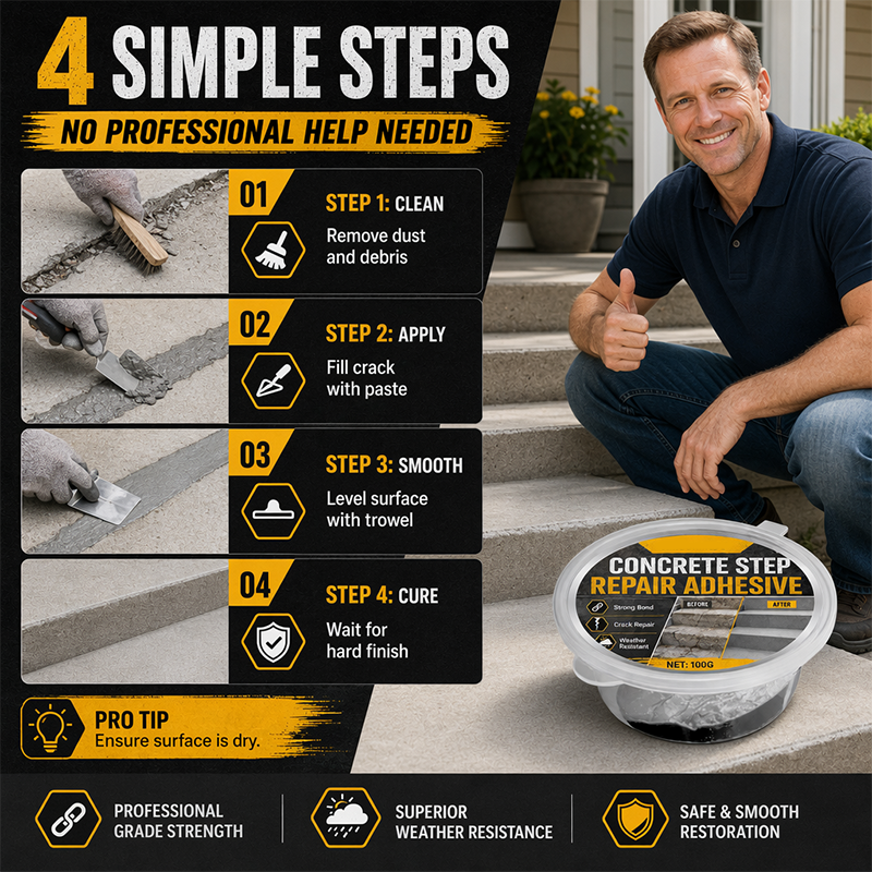 🥳2026 HOT SALE🥳💞50K+ SOLD!🔧🏠 30% OFF! Concrete Step Repair Adhesive – Permanently bonds cracked stairs & walkways. Weatherproof – resists heat, ice & rain. Walk safely again! 🛡️✨