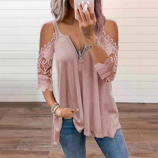 Must-Have🔥 Lace Cold Shoulder Top with Zipper – Edgy Detail & Breathable Fabric for Effortless Style ✨