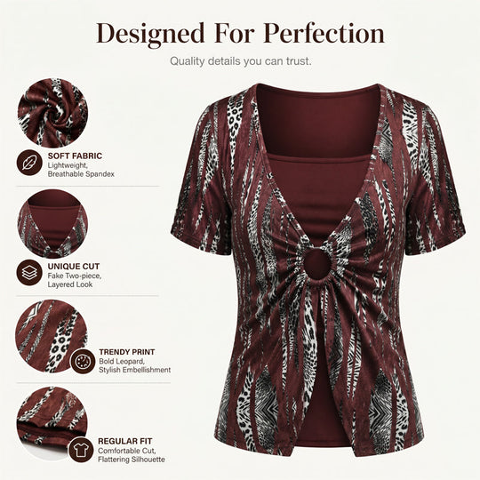👚 50% OFF NOW!🔥 Leopard Print Top – Retro Square Neck & Mock 2-Piece – Short Sleeve Slim Fit – Breathable Summer Blouse 👗