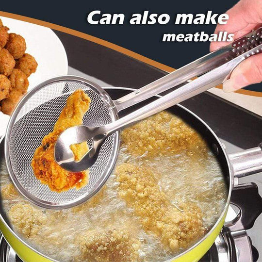 🍳 🍃 2-in-1 Stainless Steel Strainer Clamp — Fine Mesh Filter & Tong, Oil Drain