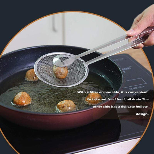 🍳 🍃 2-in-1 Stainless Steel Strainer Clamp — Fine Mesh Filter & Tong, Oil Drain