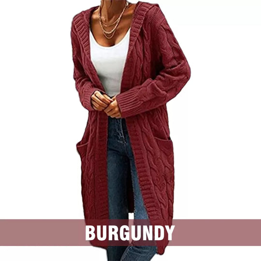 Women's Long Hooded Knit Cardigan with Pockets