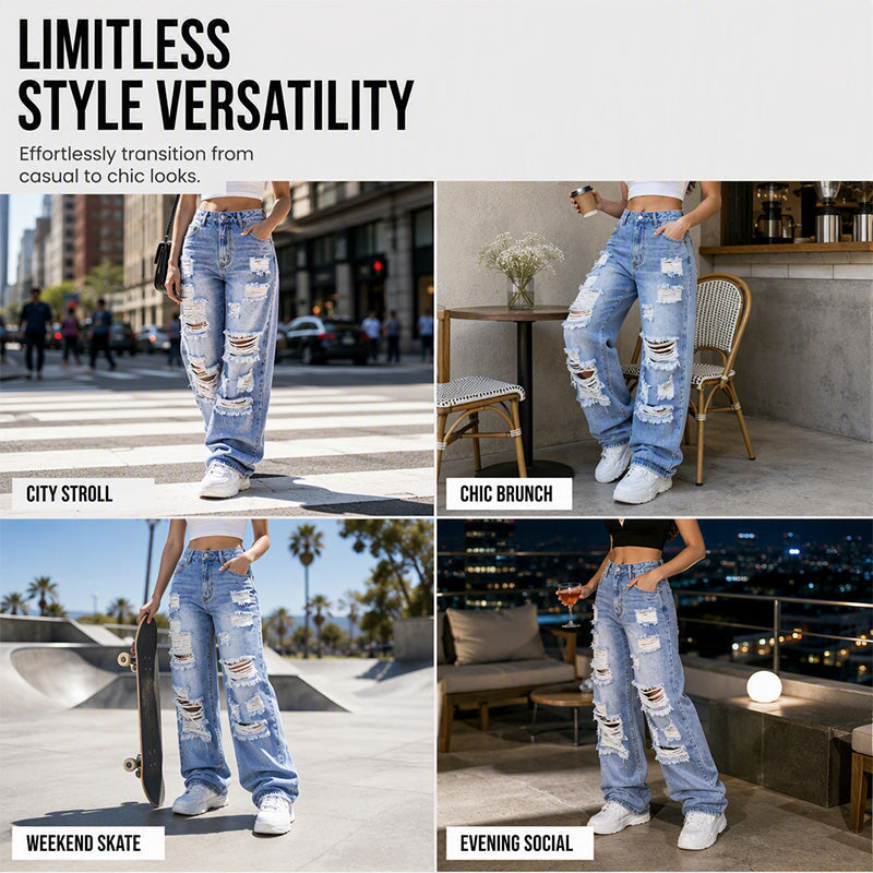 ✨ Flattering Denim Style | Women's High-Rise Distressed Wide-Leg Jeans