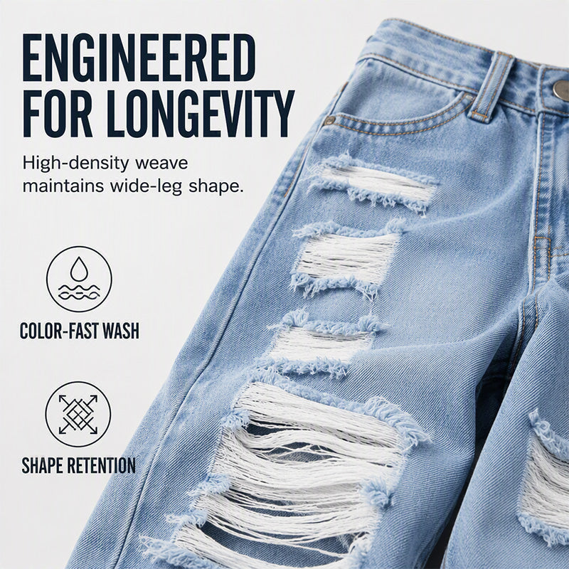 ✨ Flattering Denim Style | Women's High-Rise Distressed Wide-Leg Jeans