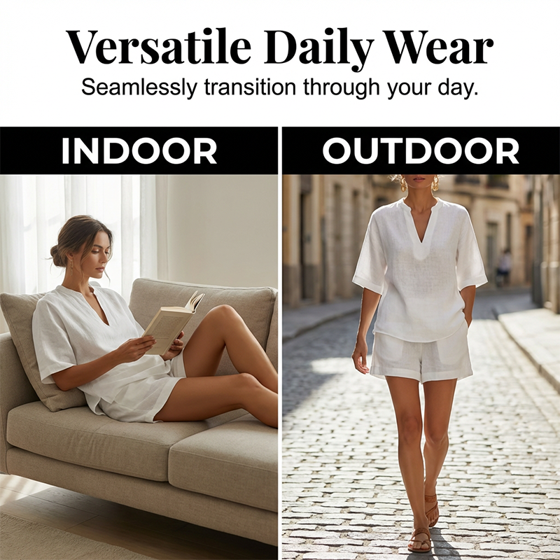 ☀️ Lightweight Comfort | Women's V-Neck Top & Wide-Leg Shorts 2-Piece Set