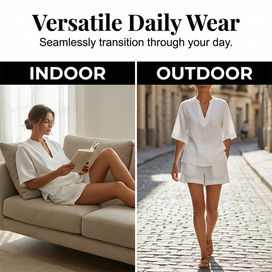 ☀️ Lightweight Comfort | Women's V-Neck Top & Wide-Leg Shorts 2-Piece Set