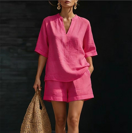 ☀️ Lightweight Comfort | Women's V-Neck Top & Wide-Leg Shorts 2-Piece Set