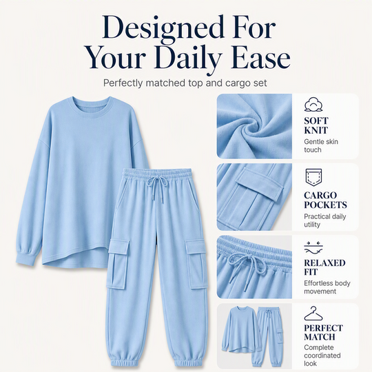 💥Limited Time 50% OFF ✨Women’s Casual Crew‑Neck Top & Multi‑Pocket Cargo Pants 2‑Piece Outfit Set