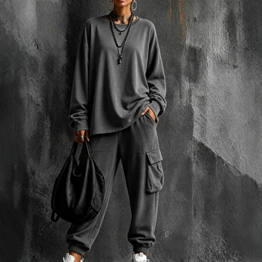 💥Limited Time 50% OFF ✨Women’s Casual Crew‑Neck Top & Multi‑Pocket Cargo Pants 2‑Piece Outfit Set