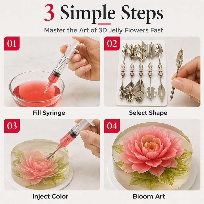 🎂30% OFF NOW! Professional 3D Jelly Art Kit‑ 304 Stainless Steel 10‑Piece Floral Gelatin Art Tools with Syringe, DIY 3D Flower Jelly Cake Decorating Set for Pastry & Baking Lovers