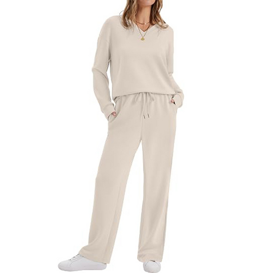 ✨ Effortless Comfort | Women's V-Neck Knit Top & Pants 2-Piece Lounge Set