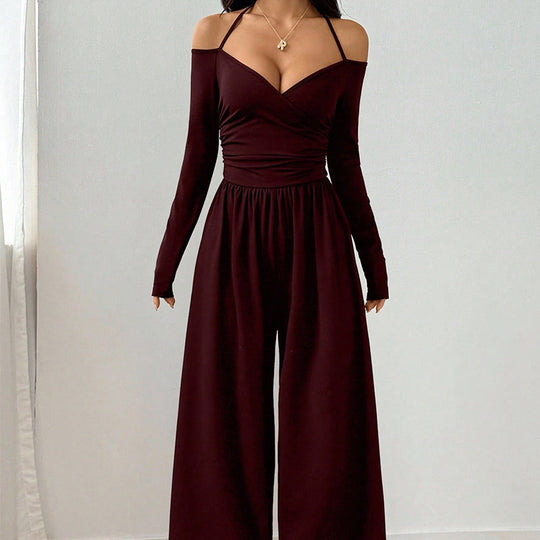 Women's Elegant Halter Neck Deep V Jumpsuit