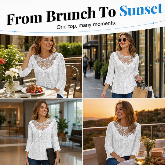 ✨ Feminine Comfort | Women's Hollow-Out Lace Patchwork 3/4-Sleeve Blouse