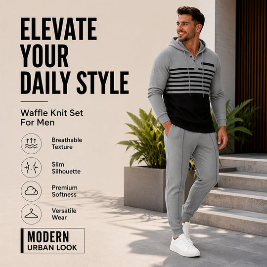 🧶 Men's Sporty Color-Block Waffle Knit 2-Piece Set – Sporty Comfort & Effortless Autumn Style