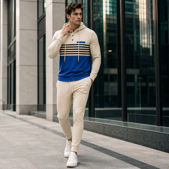 🧶 Men's Sporty Color-Block Waffle Knit 2-Piece Set – Sporty Comfort & Effortless Autumn Style