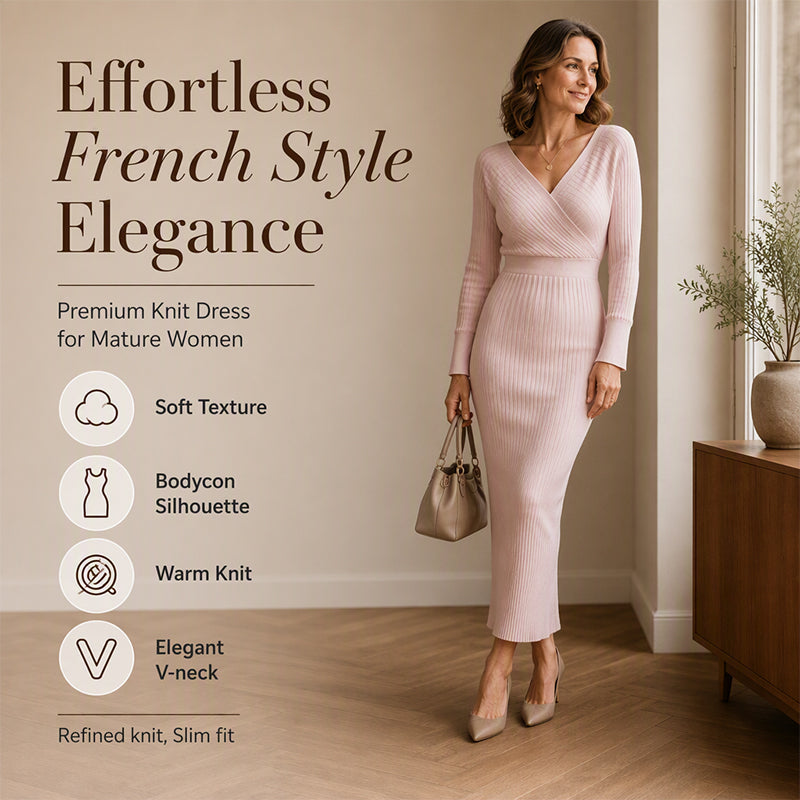 Women's Elegant Wrap V-Neck Ribbed Knit Dress