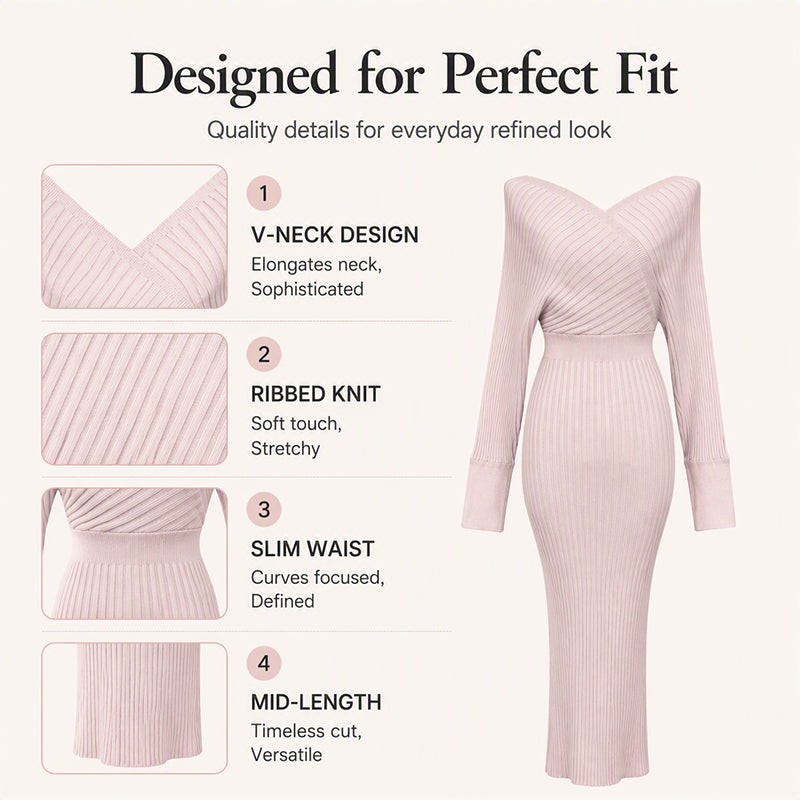Women's Elegant Wrap V-Neck Ribbed Knit Dress
