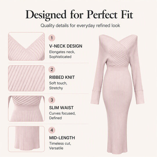 Women's Elegant Wrap V-Neck Ribbed Knit Dress
