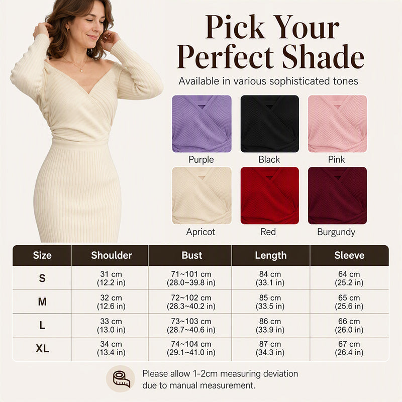Women's Elegant Wrap V-Neck Ribbed Knit Dress
