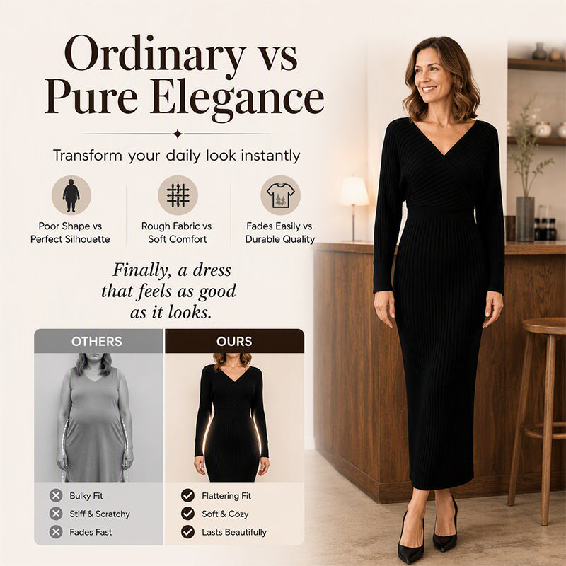 Women's Elegant Wrap V-Neck Ribbed Knit Dress