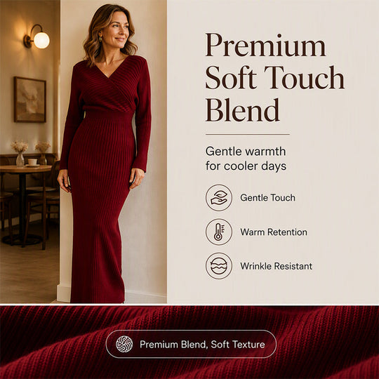 Women's Elegant Wrap V-Neck Ribbed Knit Dress