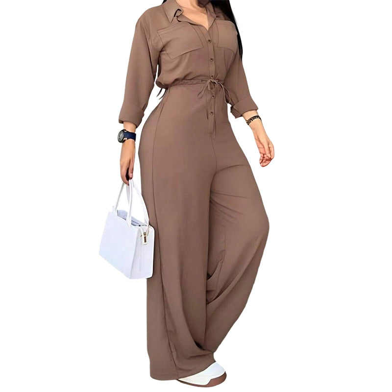 ✨ Flattering One-Piece Style | Women's Tie-Waist Wide-Leg Shirt Jumpsuit
