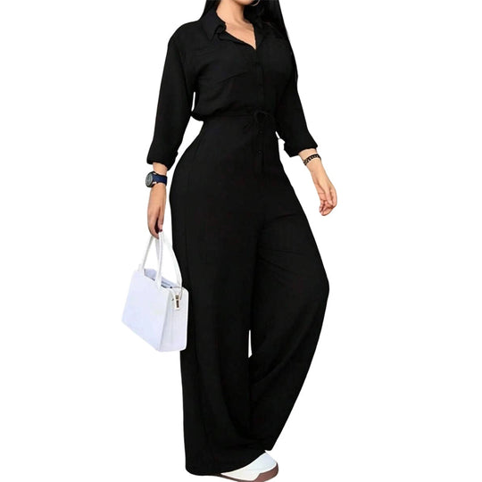 ✨ Flattering One-Piece Style | Women's Tie-Waist Wide-Leg Shirt Jumpsuit