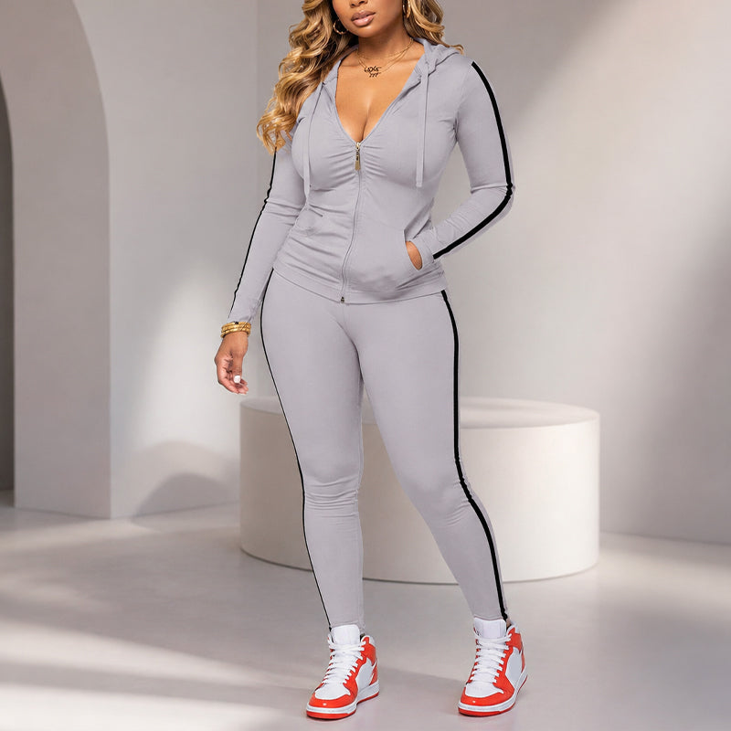 Women's Striped Zip-Up Hoodie & Pants Set