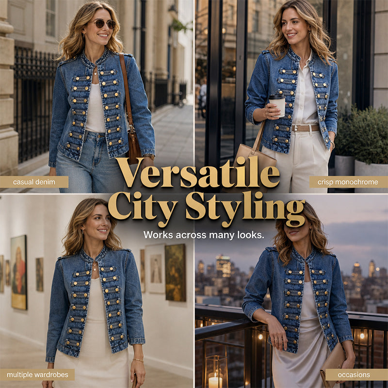 ✨ Vintage Statement Style | Women's Stand-Collar Denim Jacket with Symmetrical Metallic Buttons