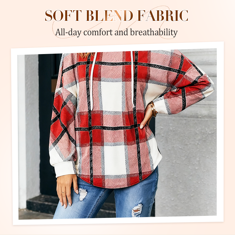 ✨ Easy Everyday Comfort | Women's Plaid Hooded Drawstring V-Neck Shirt🍂