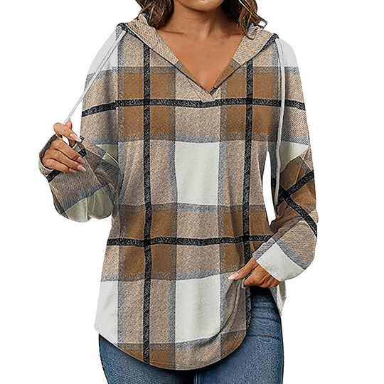 ✨ Easy Everyday Comfort | Women's Plaid Hooded Drawstring V-Neck Shirt🍂