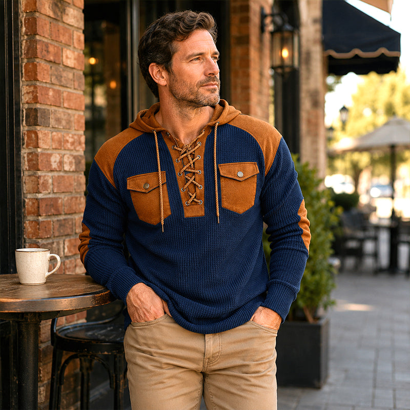 🧶 Rugged Details, Easy Comfort | Men's Waffle-Knit Lace-Up Hooded Sweatshirt